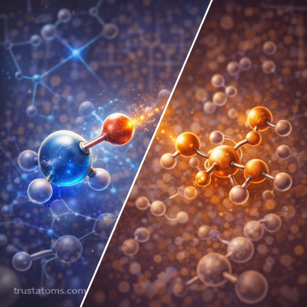 Split illustration showing molecular interactions in a polar solvent compared with a nonpolar solvent environment.