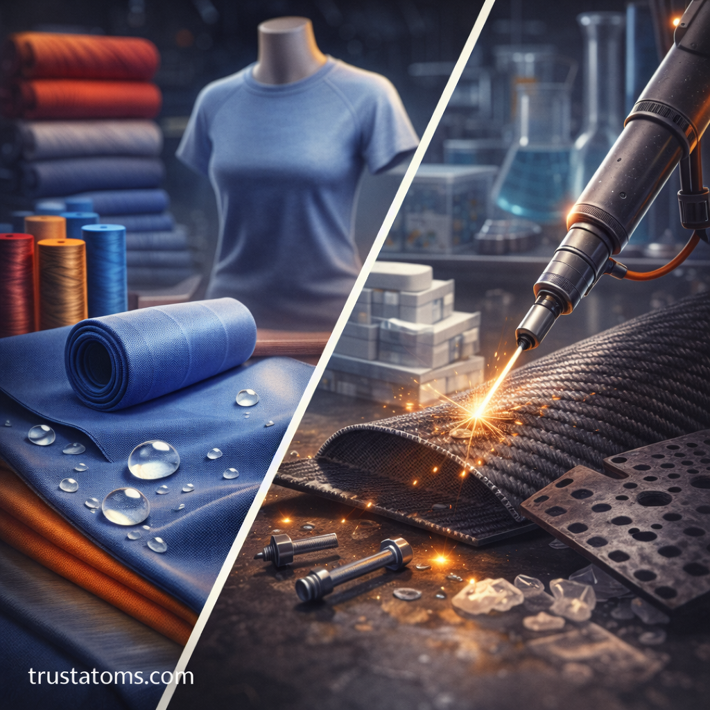 Split illustration showing polymer-based textiles and advanced industrial composite materials used in manufacturing.