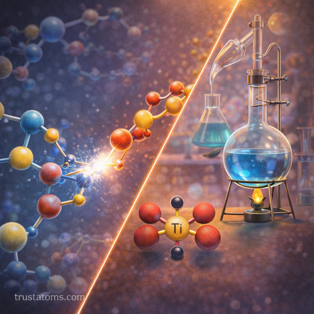 Split illustration showing polymer chain growth on one side and catalyst-driven polymerization in a laboratory setup on the other.