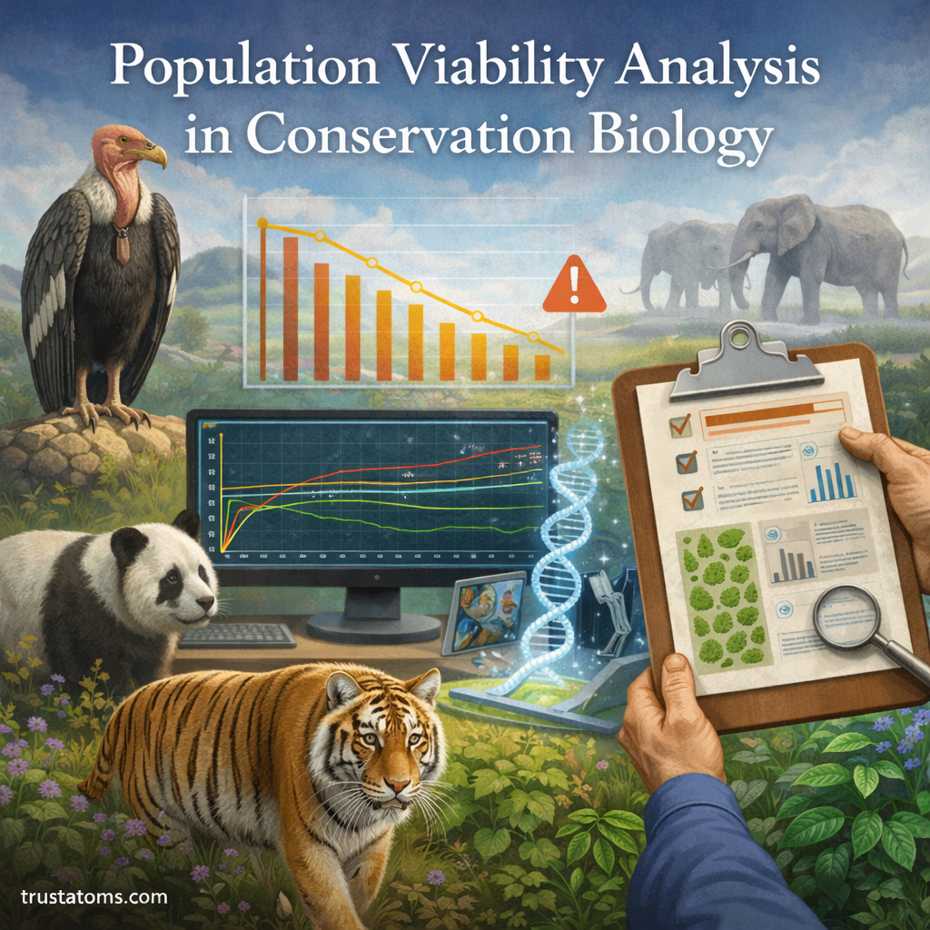 Illustration showing wildlife species, population trend graphs, and conservation research tools representing population viability analysis in conservation biology.