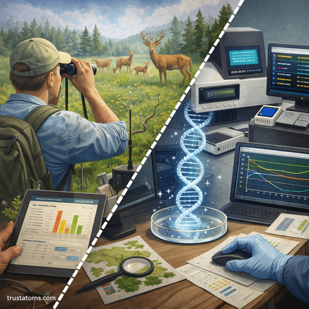 Split illustration showing wildlife field monitoring on one side and genetic population modeling in a laboratory on the other, representing population viability analysis in conservation biology.