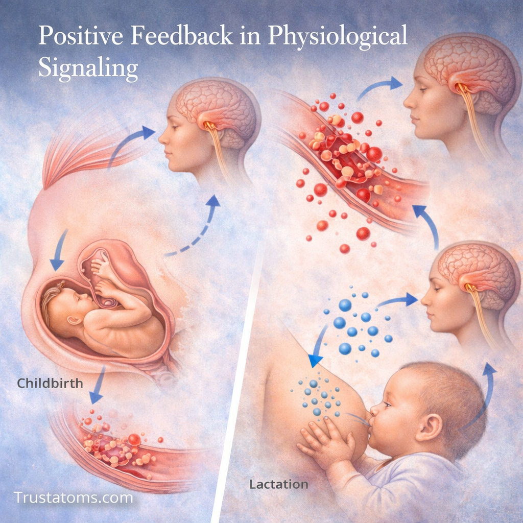 Illustration showing positive feedback in physiological signaling including childbirth, blood clotting, and lactation.