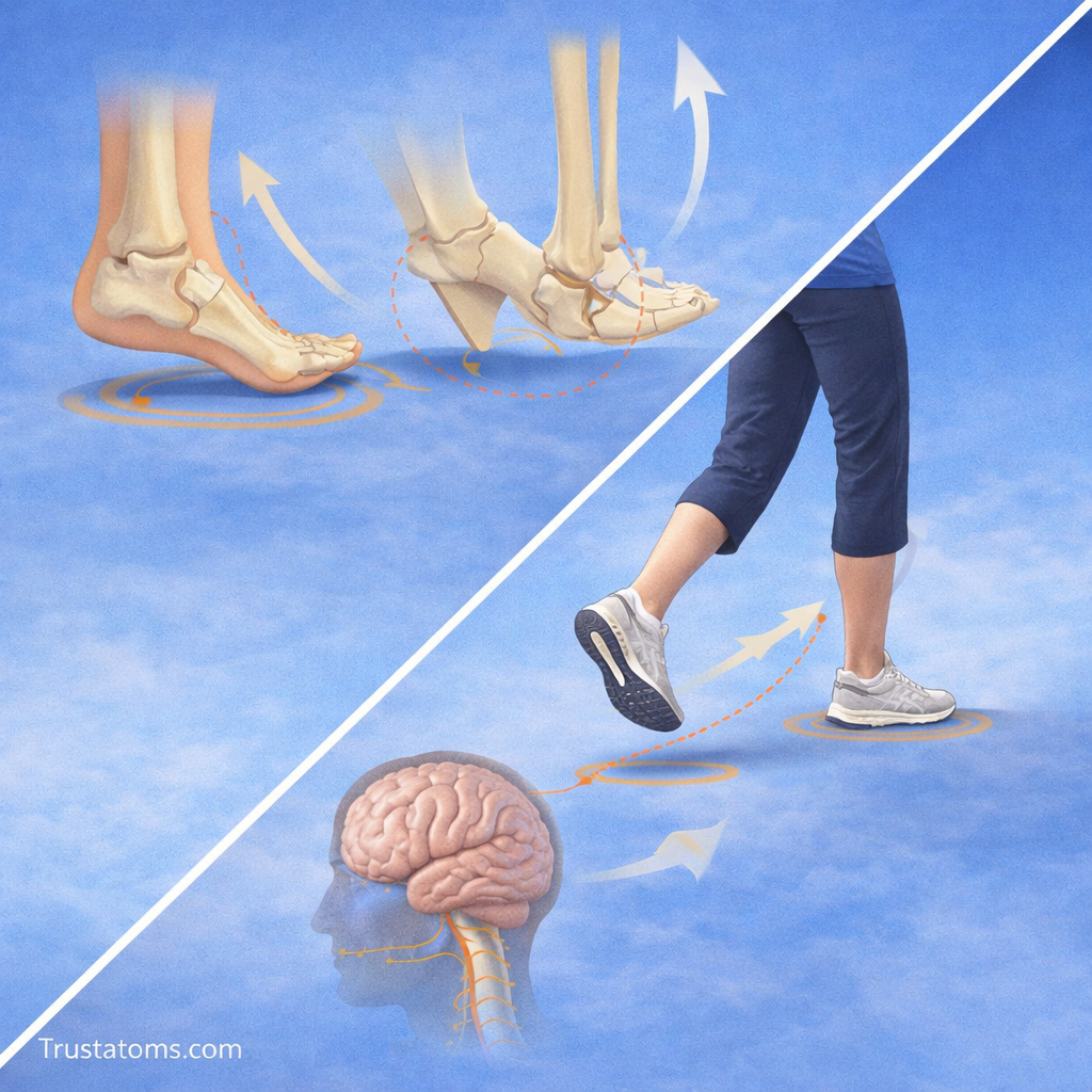 Split diagram showing ankle balance strategy and stepping strategy with foot movement and brain coordination for postural control.