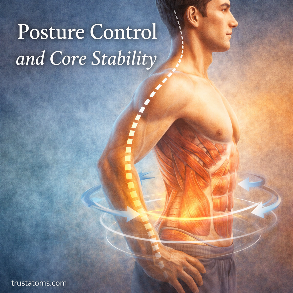 Illustration of human posture alignment and core muscles showing spinal support and stability.