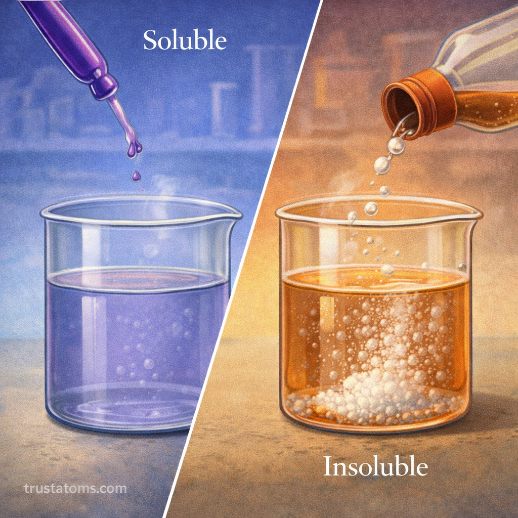 Illustration comparing soluble and insoluble reactions, showing one clear solution and another forming solid particles in a beaker.