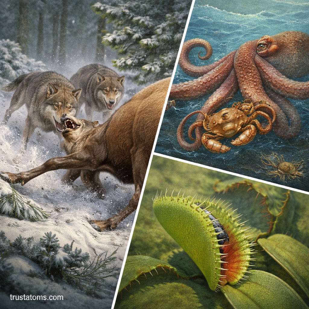 Split educational illustration showing wolves hunting an elk in a snowy forest, an octopus capturing a crab underwater, and a Venus flytrap trapping an insect.