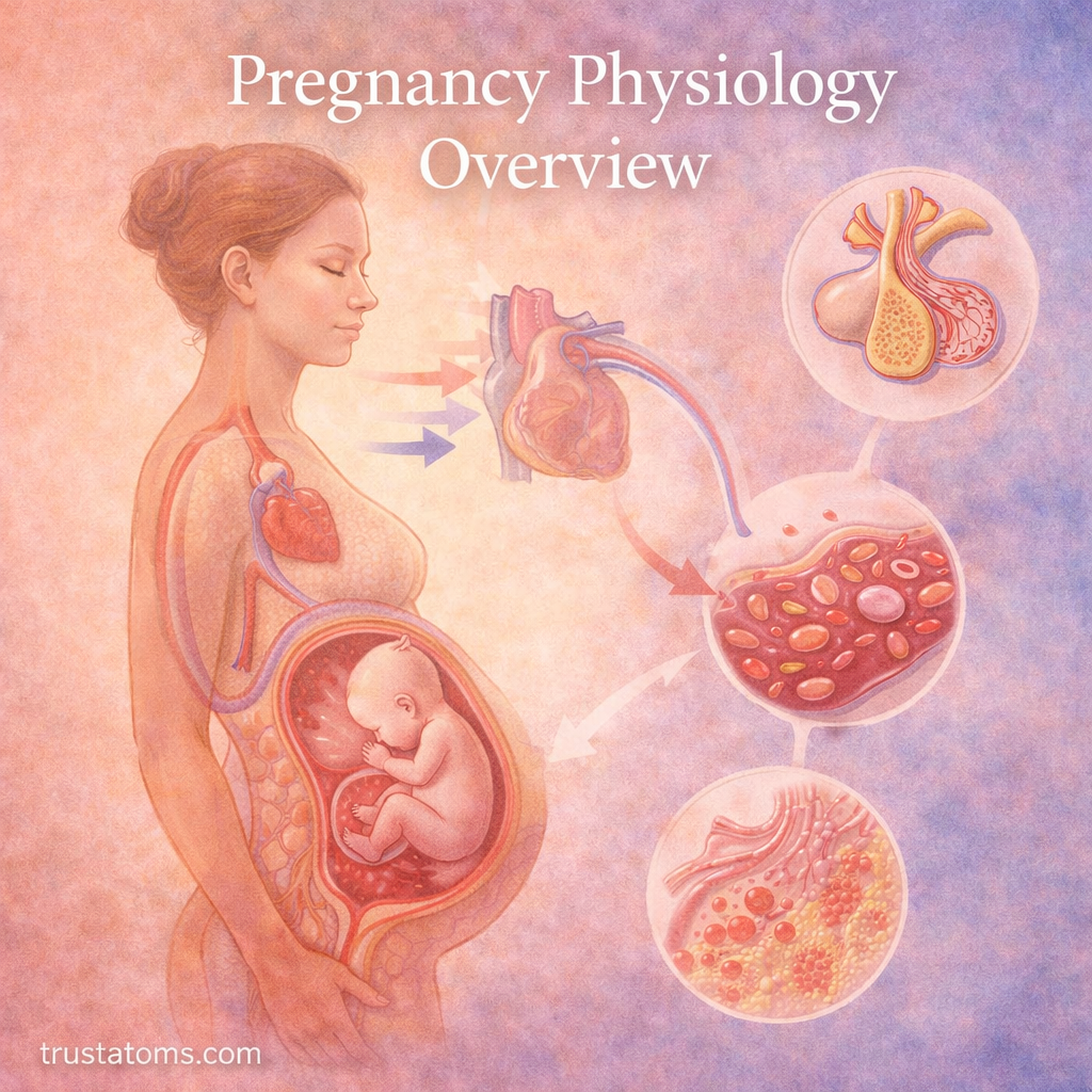 Illustration of pregnancy physiology showing a fetus in the uterus with maternal organs and nutrient exchange processes.