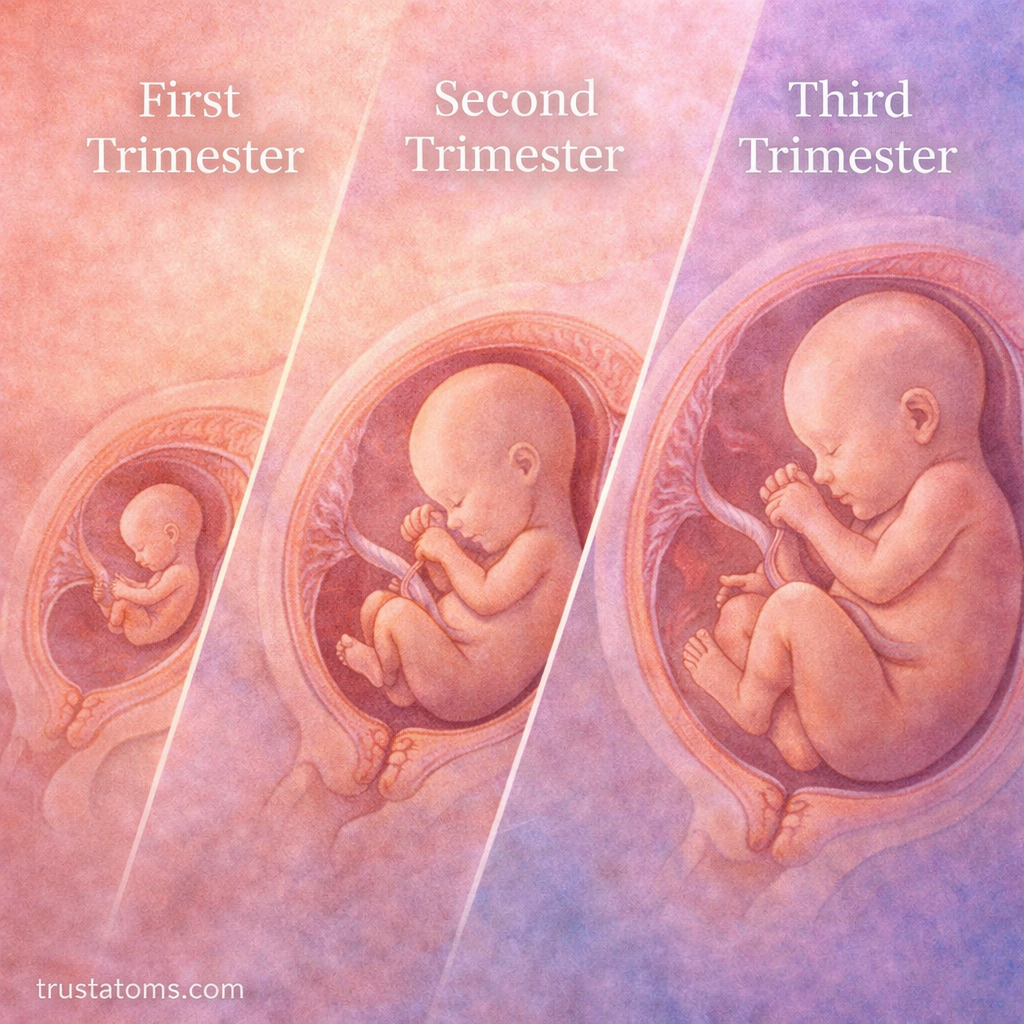 Illustration showing fetal development across first, second, and third trimesters in a split comparison layout.
