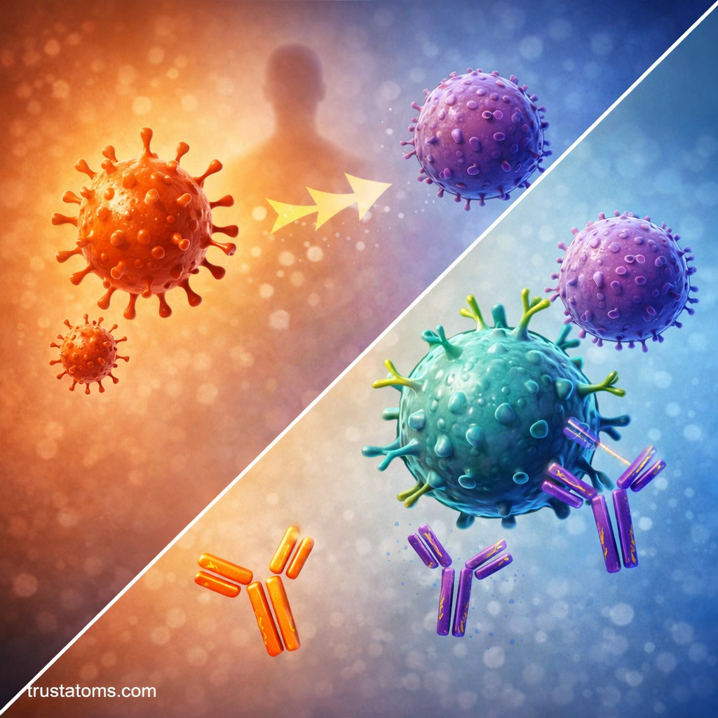 Split illustration showing primary immune response versus faster secondary immune response with antibodies attacking pathogens.