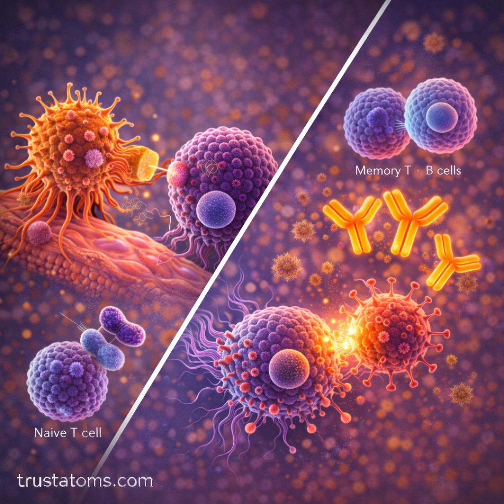 Split educational illustration showing initial immune recognition on one side and a faster memory immune response with antibodies on the other.