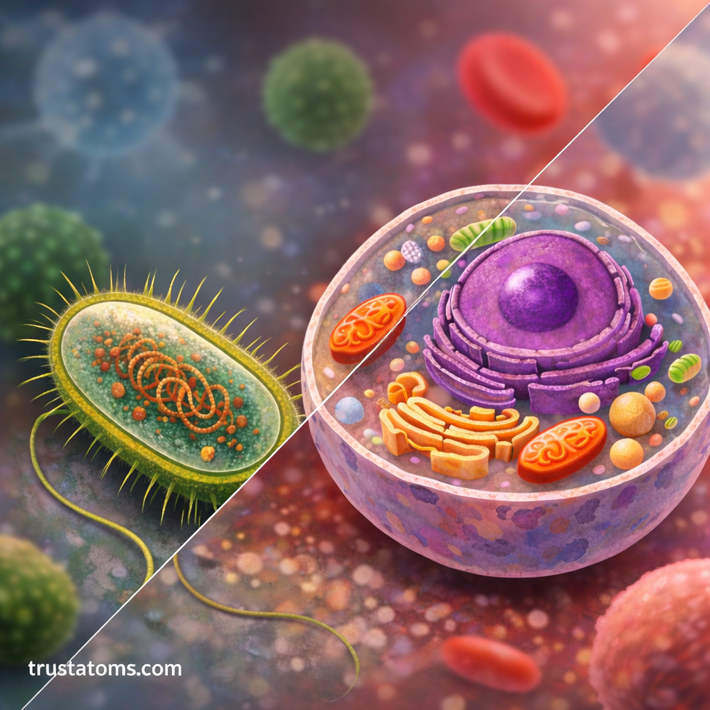 Split illustration comparing a prokaryotic bacterial cell and a eukaryotic cell with nucleus and organelles.