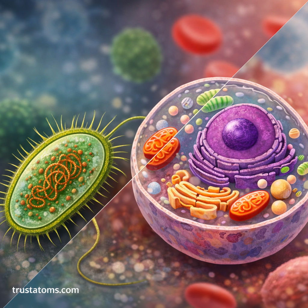 Illustration comparing a prokaryotic bacterial cell and a eukaryotic cell with visible nucleus and organelles.
