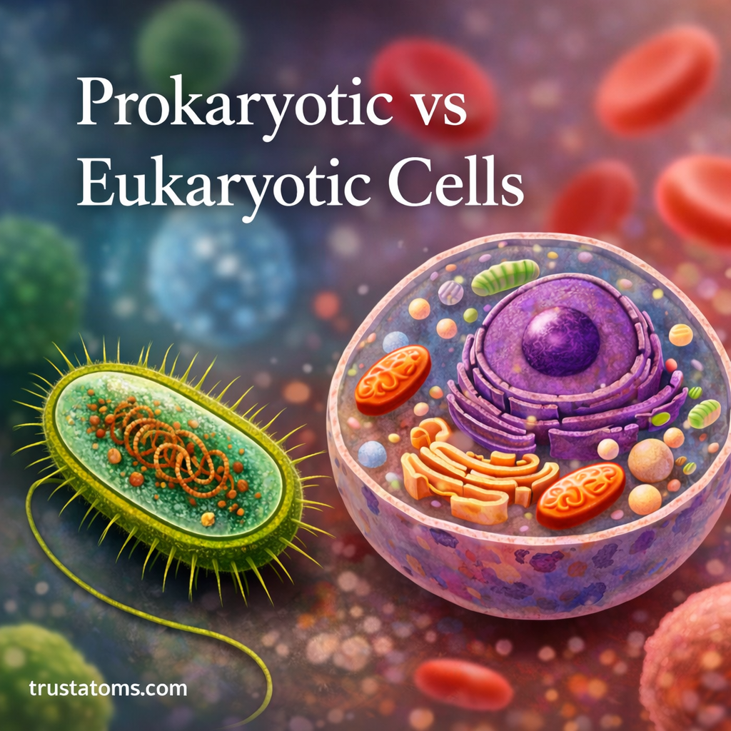 Illustration comparing prokaryotic and eukaryotic cells showing bacterial cell structure and a complex cell with nucleus and organelles.
