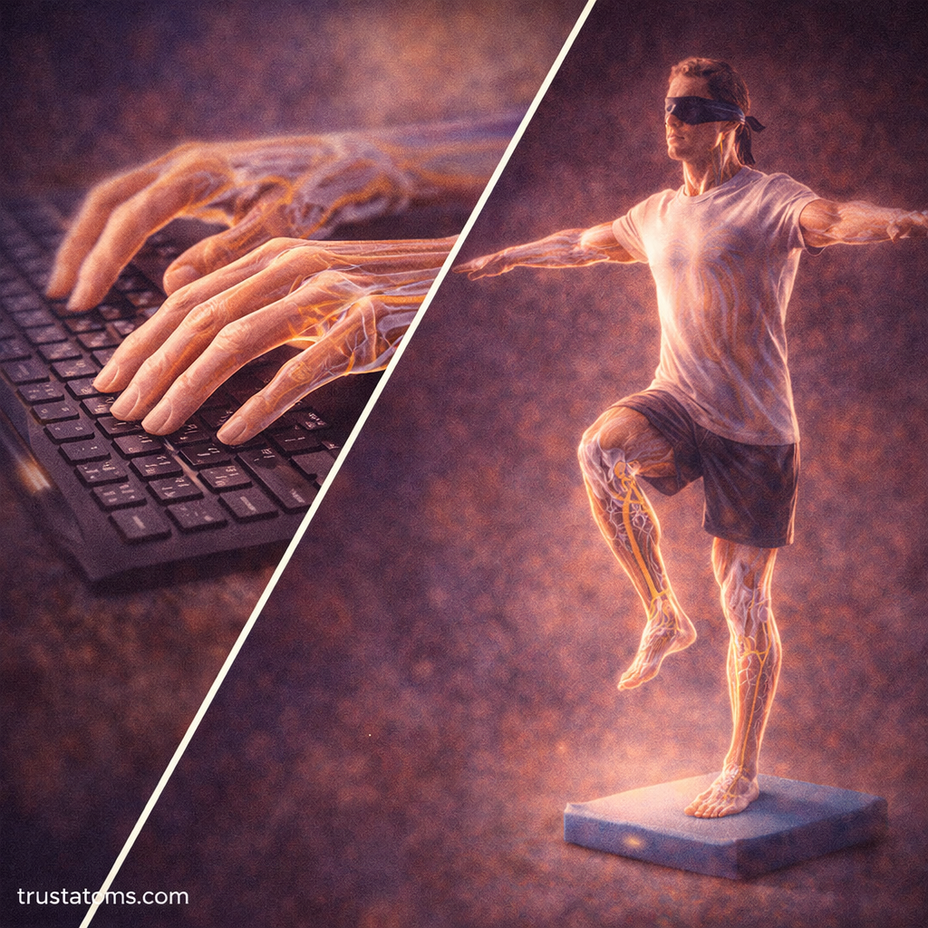 Split illustration showing proprioception during typing and balance exercise with highlighted nerves and joint awareness.