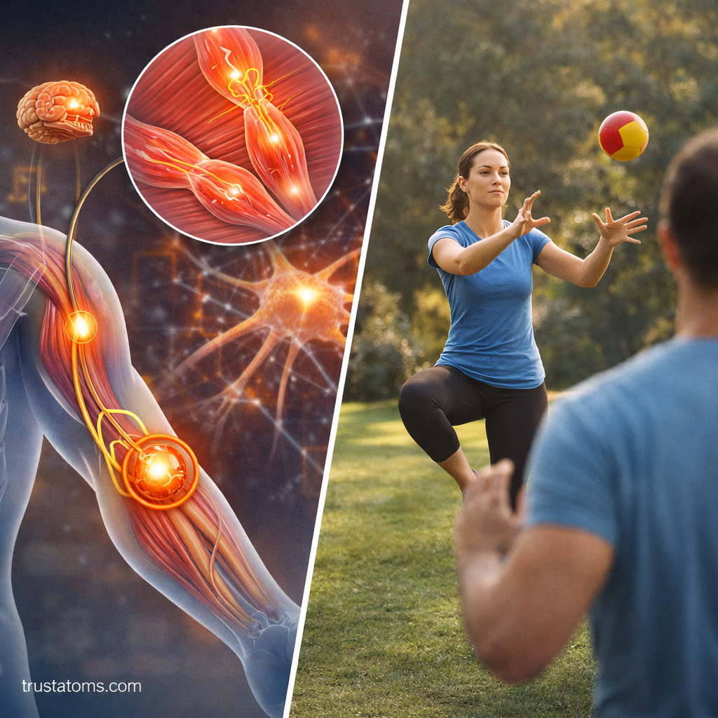 Split illustration showing proprioception with muscle and tendon receptors sending signals to the brain and a person balancing while catching a ball.