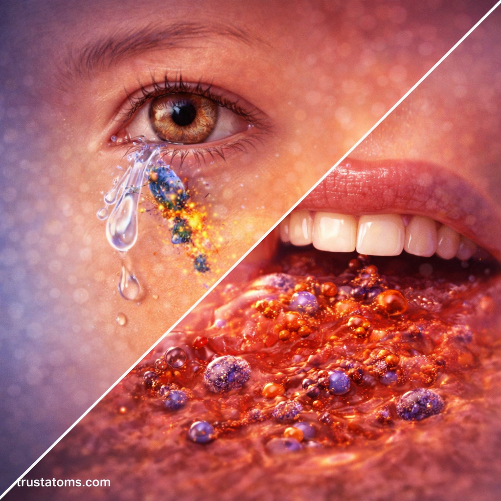 Split illustration showing tears and saliva acting as protective secretions that trap and neutralize pathogens.