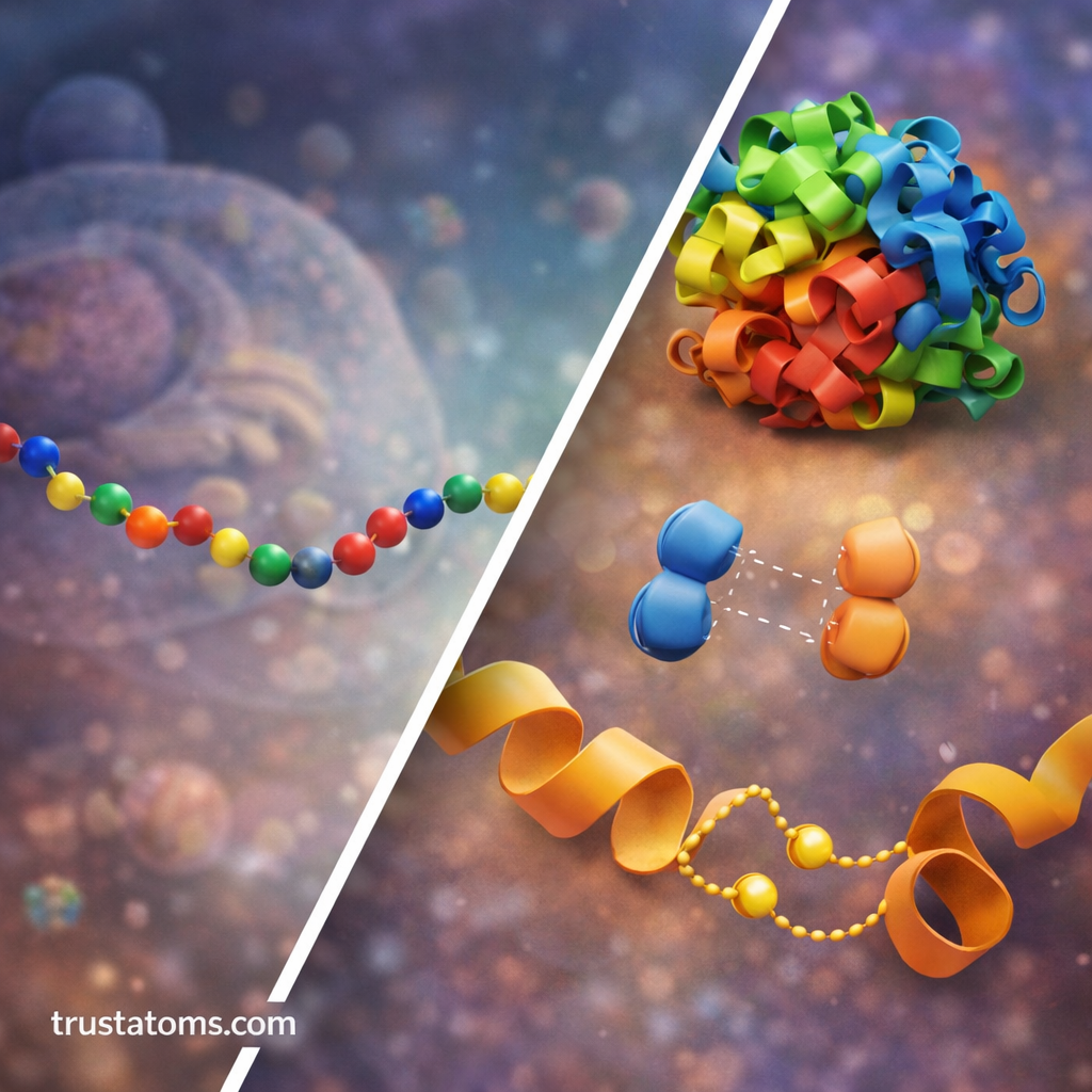 Split illustration showing an unfolded amino acid chain on one side and a folded protein structure with molecular interactions on the other.