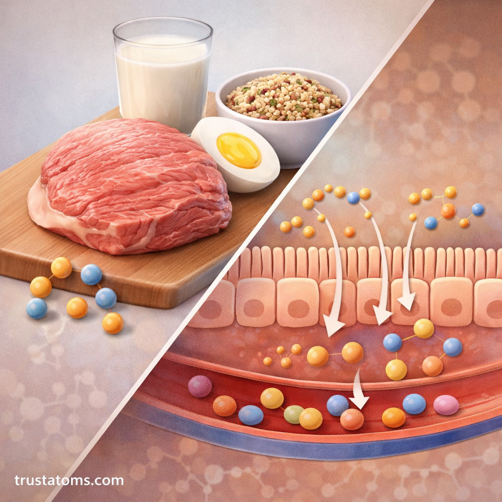 Split illustration showing protein-rich foods on one side and amino acid absorption through the small intestine into the bloodstream on the other.