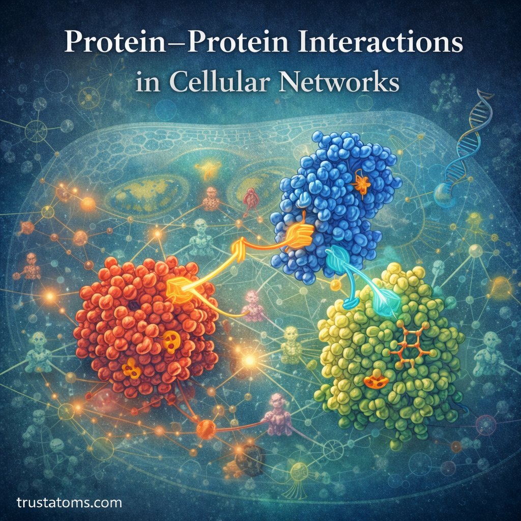 Illustration showing interacting proteins connected within a cellular network representing protein–protein interactions in biology.