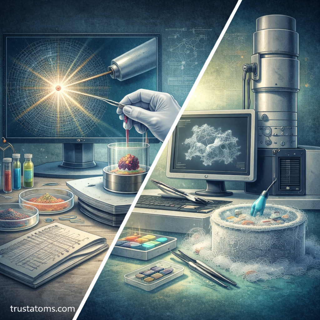 Split diagram illustrating protein structure analysis using X-ray crystallography and cryo-electron microscopy in structural biology research.