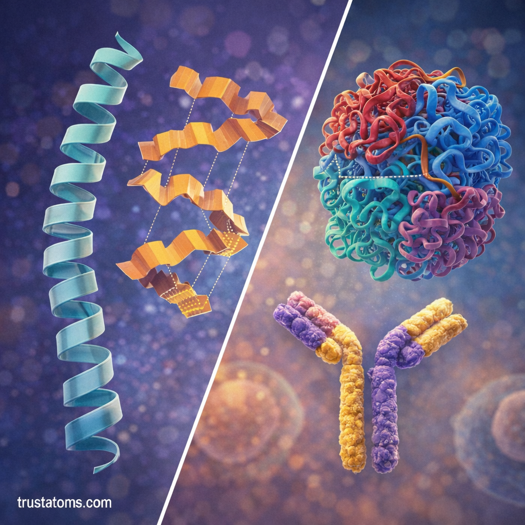 Scientific split illustration showing protein secondary structures such as alpha helices and beta sheets alongside complex folded protein molecules and antibodies.