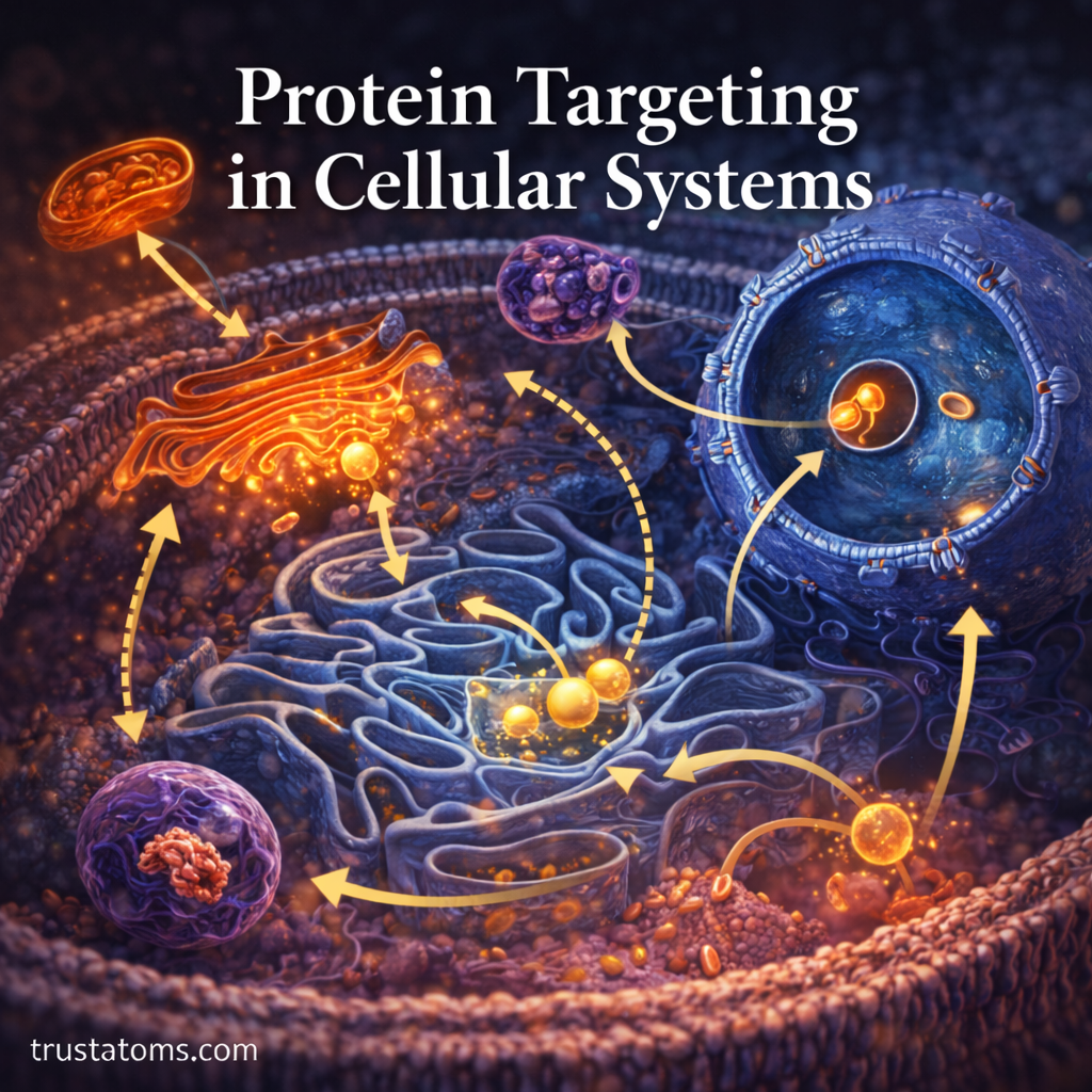 Illustration showing protein targeting pathways directing proteins from the endoplasmic reticulum through the Golgi apparatus to various cellular organelles.