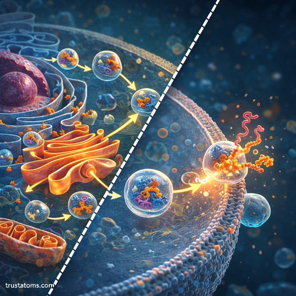 Split illustration showing vesicle transport between cellular organelles and protein secretion at the cell membrane.