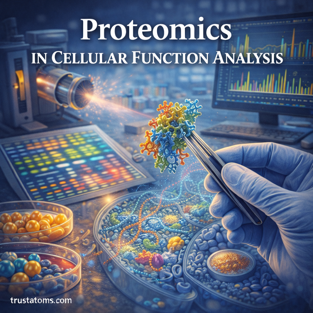 Illustration showing proteomics analysis with protein structures, mass spectrometry equipment, and cellular protein research in a laboratory.