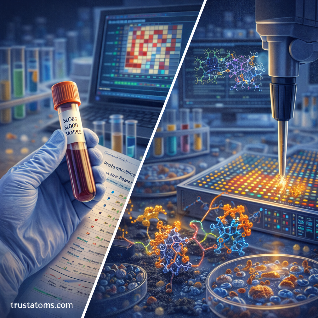Split illustration showing proteomics used for medical diagnostics through blood protein analysis and drug discovery using protein interaction studies.