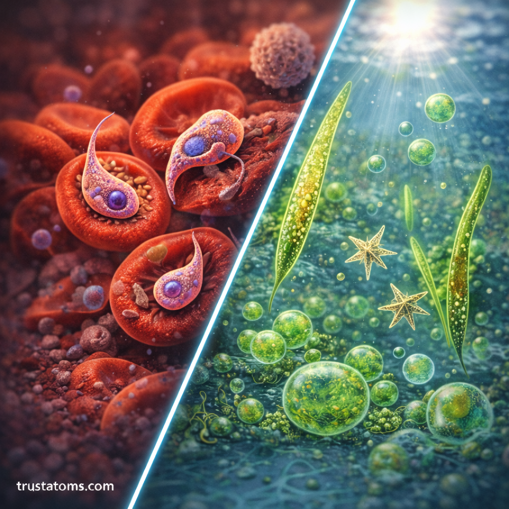 Split illustration showing parasitic protists infecting red blood cells on one side and photosynthetic aquatic protists like algae on the other.