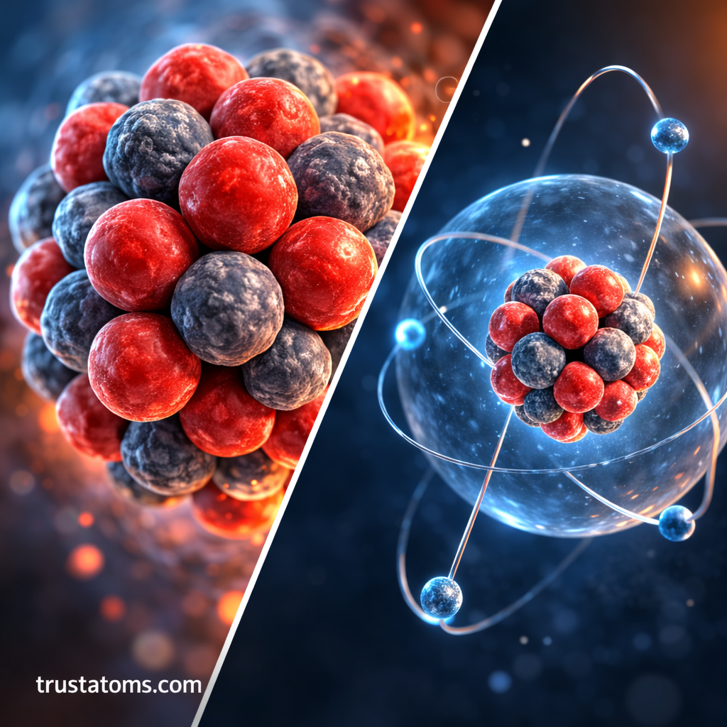 Split illustration showing a close-up atomic nucleus made of protons and neutrons alongside a simplified atom structure highlighting the nucleus.