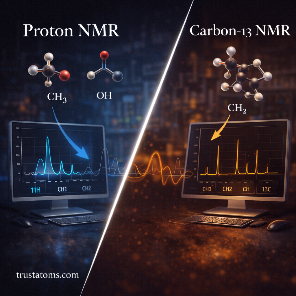 Split illustration showing proton NMR and carbon-13 NMR spectra used to analyze molecular structure.