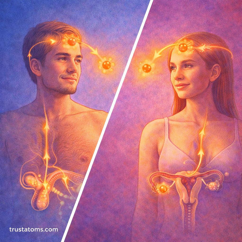 Split illustration showing hormonal changes during puberty in males and females with brain-to-reproductive system signaling.