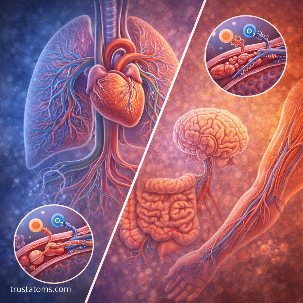 Split illustration showing pulmonary circulation in the lungs and systemic circulation delivering oxygen and nutrients to body organs.