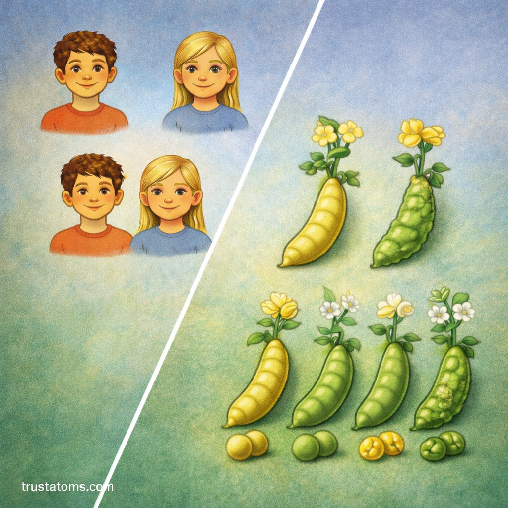 Simple genetics illustration showing inherited traits in children and pea plant variations to represent how Punnett squares predict genetic outcomes.