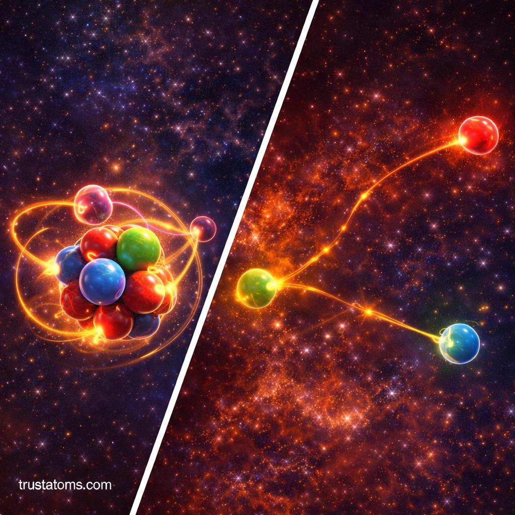 Diagonal split illustration showing quark confinement inside a proton on one side and quarks separating under asymptotic freedom on the other, representing quantum chromodynamics.