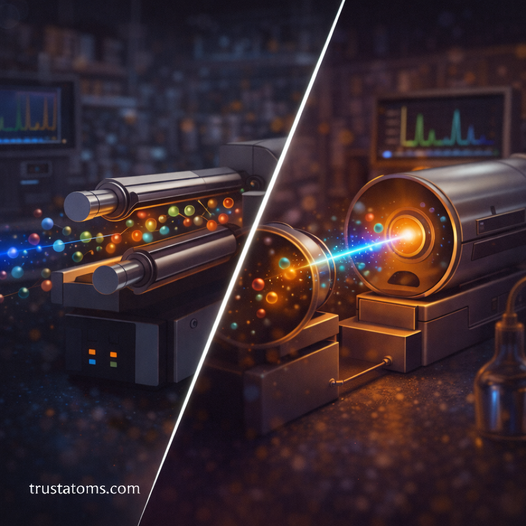 Split illustration showing quadrupole and time-of-flight mass spectrometers used to analyze ionized molecules.