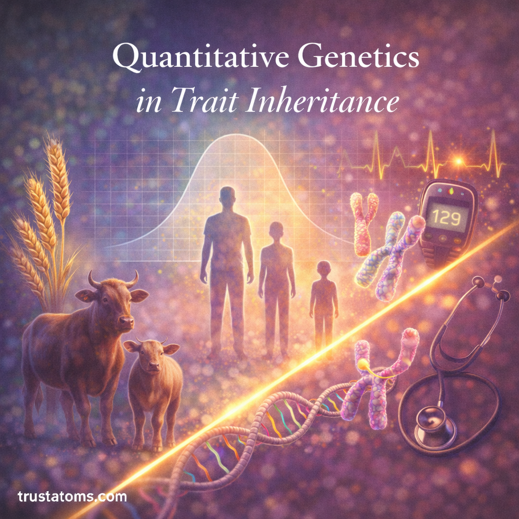 Illustration showing quantitative genetics in trait inheritance with a bell curve distribution, DNA strands, chromosomes, and examples of human and agricultural traits.