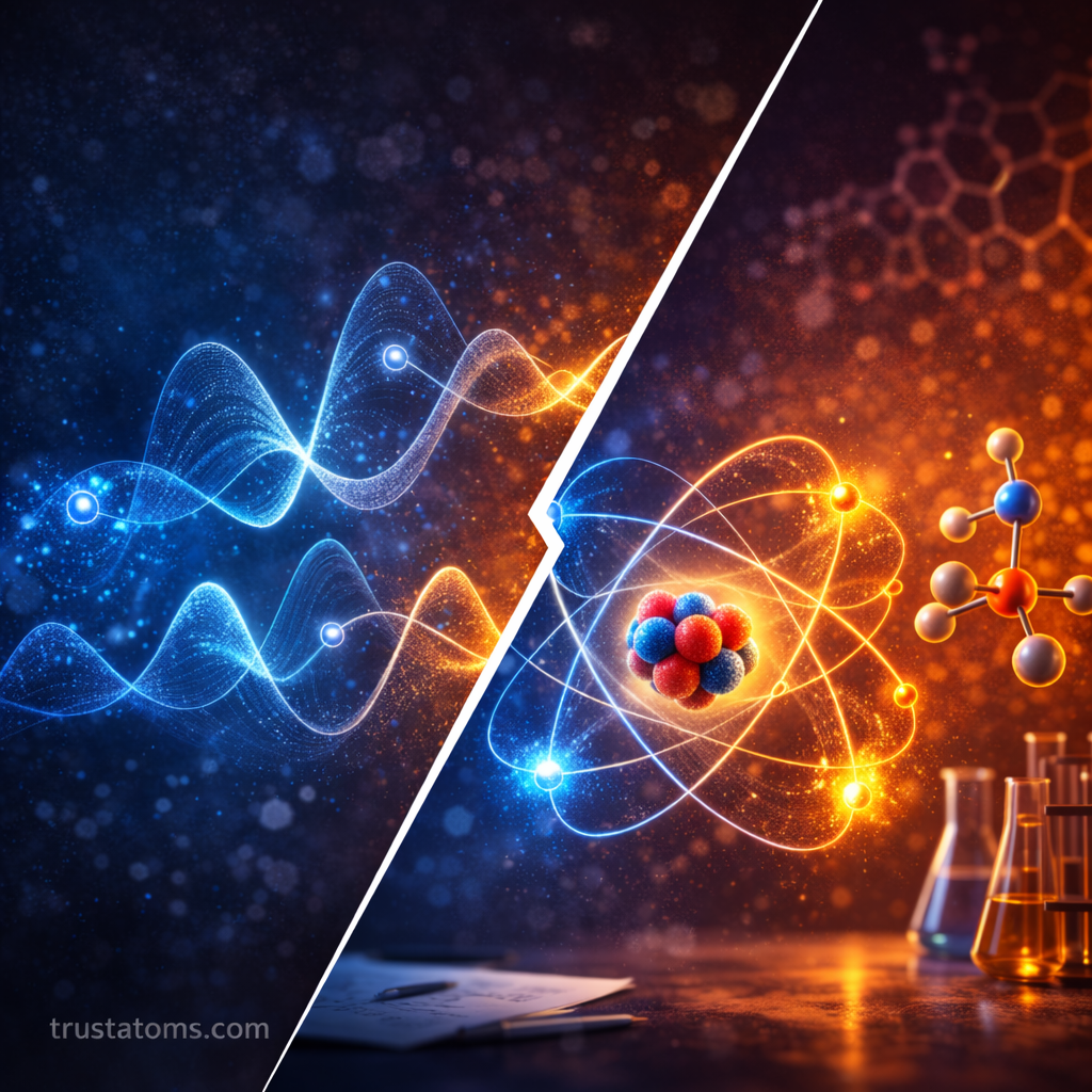 Split illustration showing electron wave behavior and atomic structure to explain concepts used in quantum chemistry.