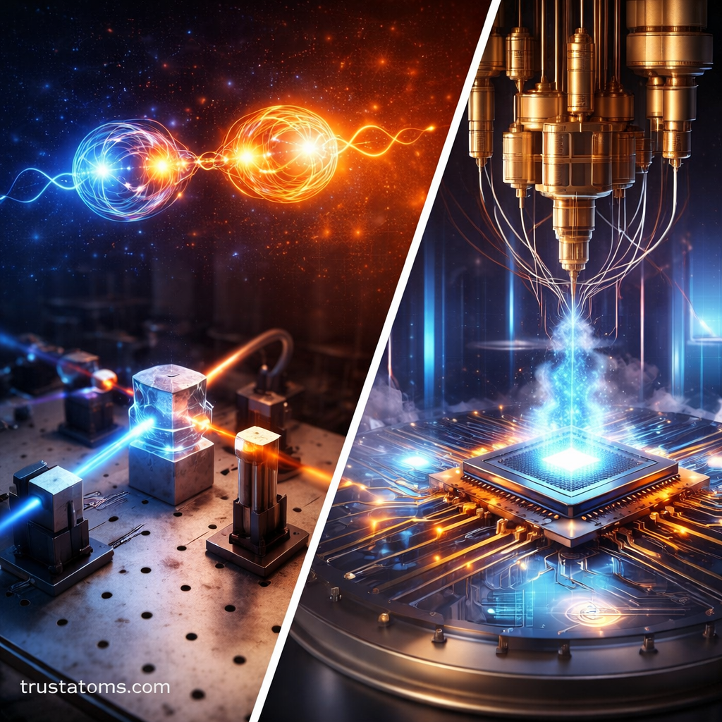 Split illustration showing entangled particles connected by light on one side and a superconducting quantum chip inside a cryogenic system on the other with trustatoms.com watermark.