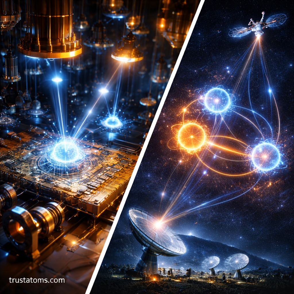 Diagonal split illustration showing a quantum computing processor on one side and a satellite-based quantum communication network with entangled particles on the other.
