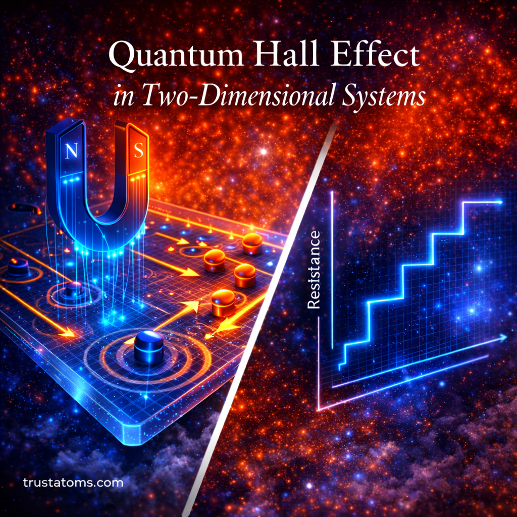 Split illustration showing a two-dimensional electron system under a magnetic field and a step-like Hall resistance graph representing the Quantum Hall Effect with trustatoms.com watermark.