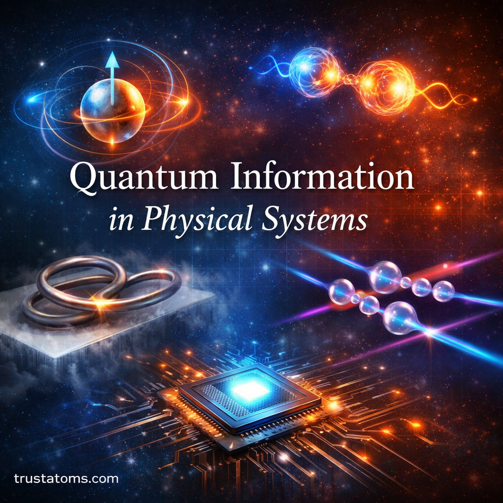 Contextual illustration of quantum information in physical systems showing entangled particles, electron spin, and a quantum chip with title overlay and trustatoms.com watermark.