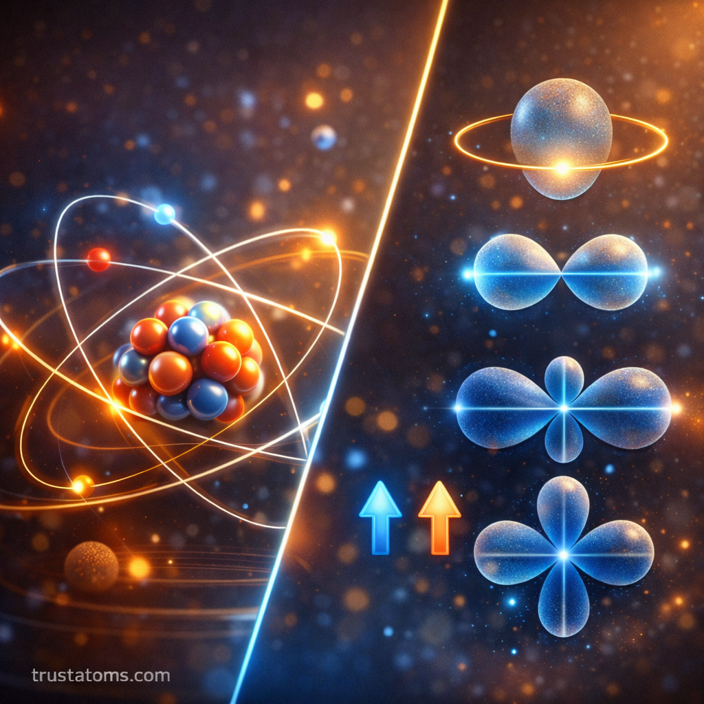 Educational illustration showing an atom with electron paths alongside simple orbital shapes representing electron orientation in atomic theory.