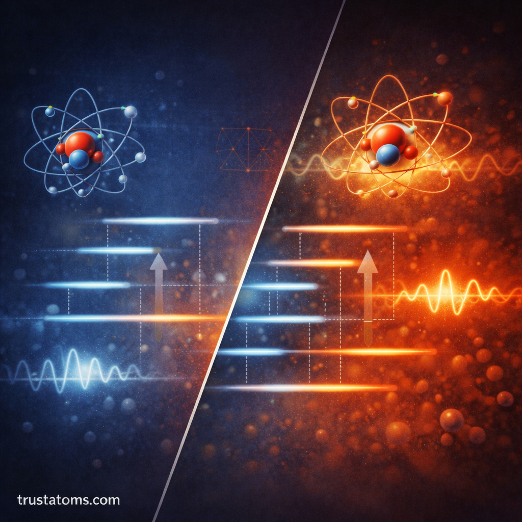 Split illustration showing quantum energy levels before and after perturbation with atomic models and wave effects, trustatoms.com watermark.