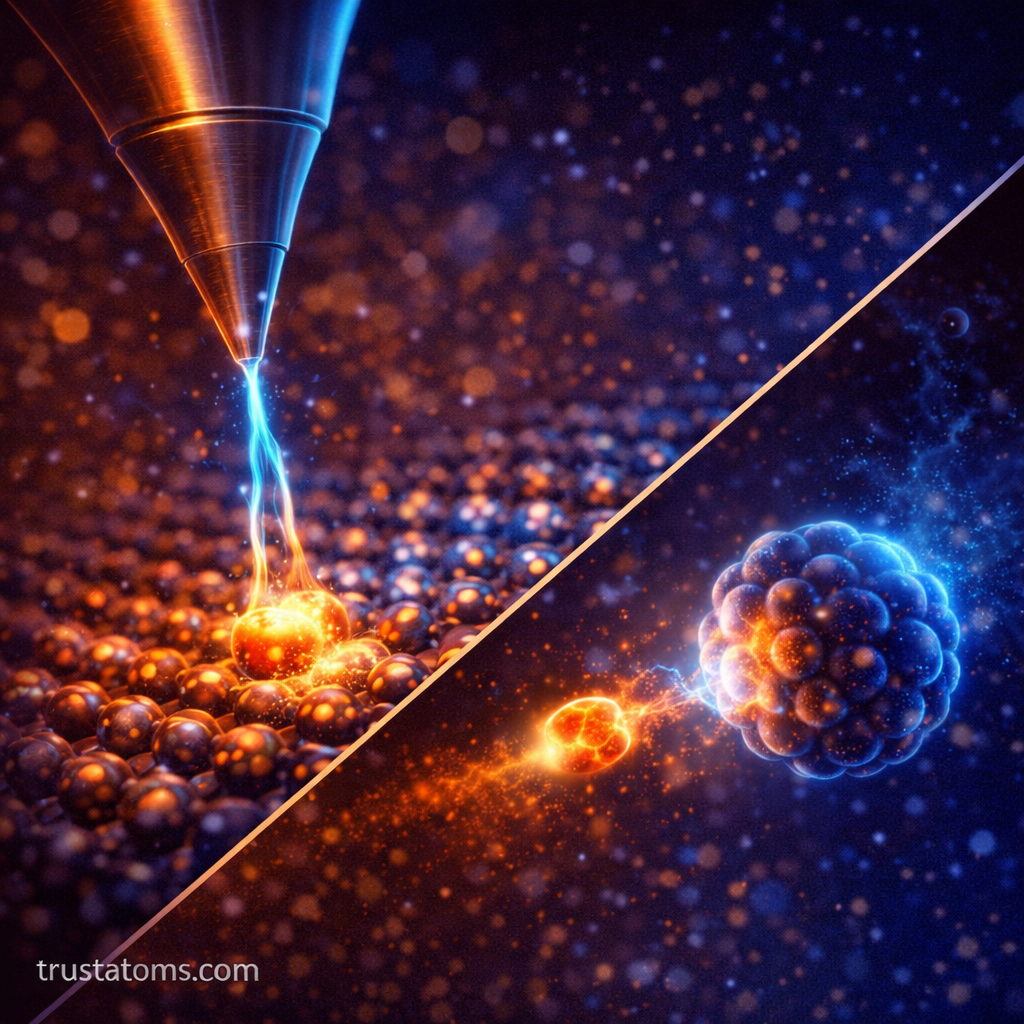 Diagonal split illustration showing scanning tunneling microscope electron tunneling on one side and alpha particle tunneling from a nucleus on the other.