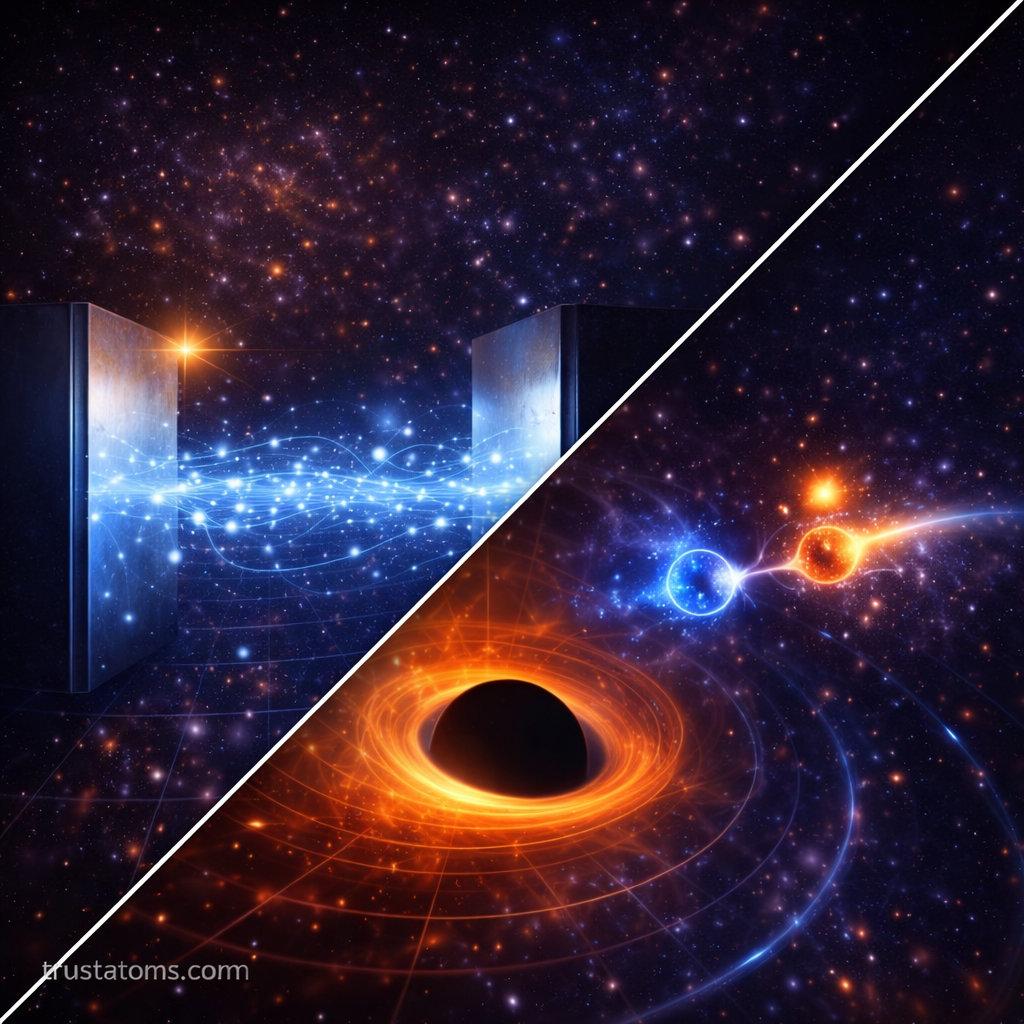 Diagonal split illustration showing the Casimir effect between two metal plates on one side and particle pair production near a black hole representing Hawking radiation on the other, with trustatoms.com watermark.