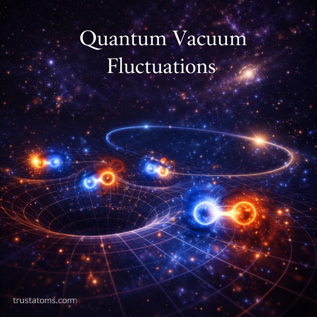 Illustration of quantum vacuum fluctuations showing virtual particle pairs appearing and disappearing in a curved spacetime grid, with trustatoms.com watermark.