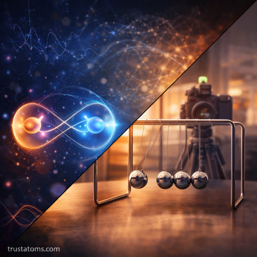 Diagonal split illustration comparing a quantum superposition state with a classical Newton’s cradle system, representing decoherence and the transition to classical behavior.