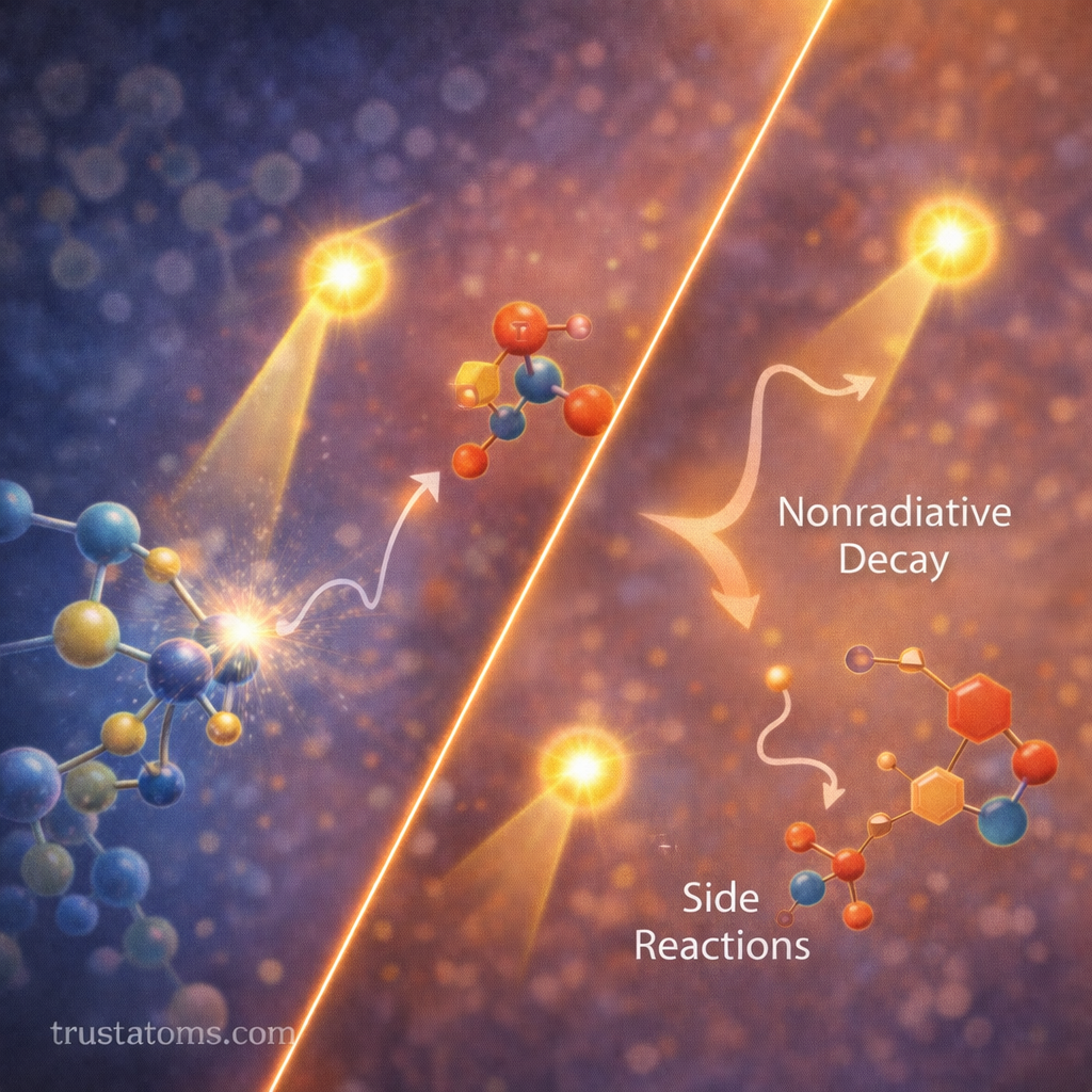 Split diagram illustrating photochemical reactions where absorbed photons lead to molecular reactions or energy loss through competing processes.